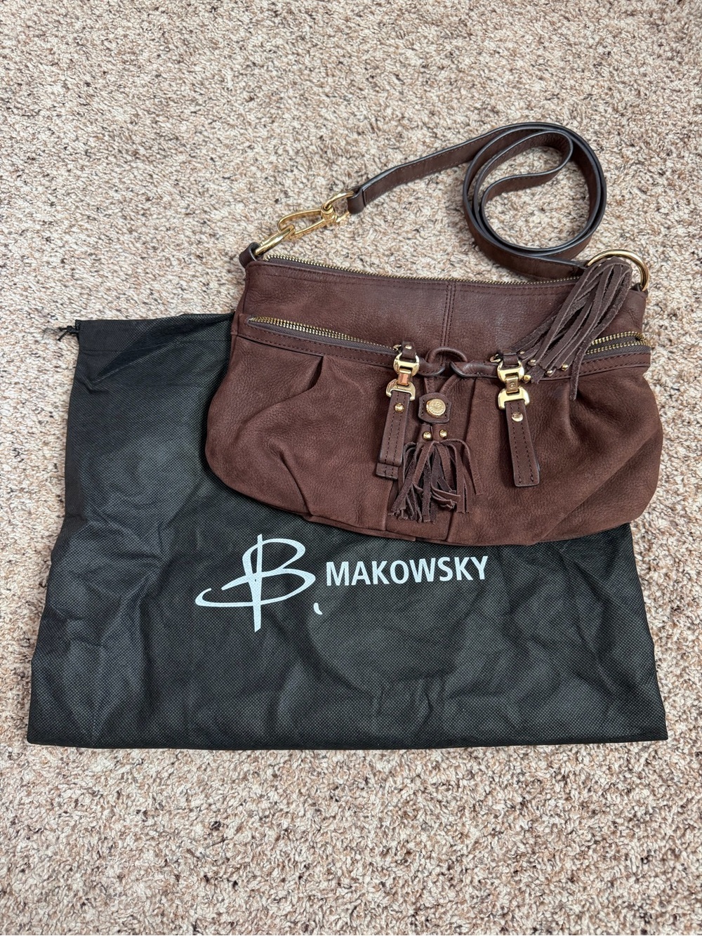 B.MAKOWSKY BROWN SUEDE LEATHER CROSSBODY BAG — TASSEL DETAIL